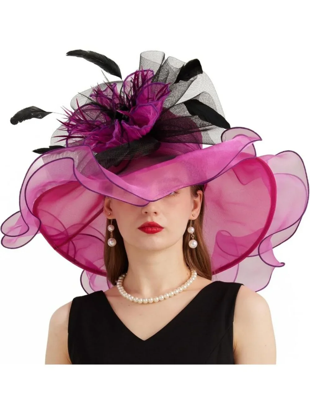 Elegant Wide Brim Organza Church Derby Hat with Detachable Flower for Weddings